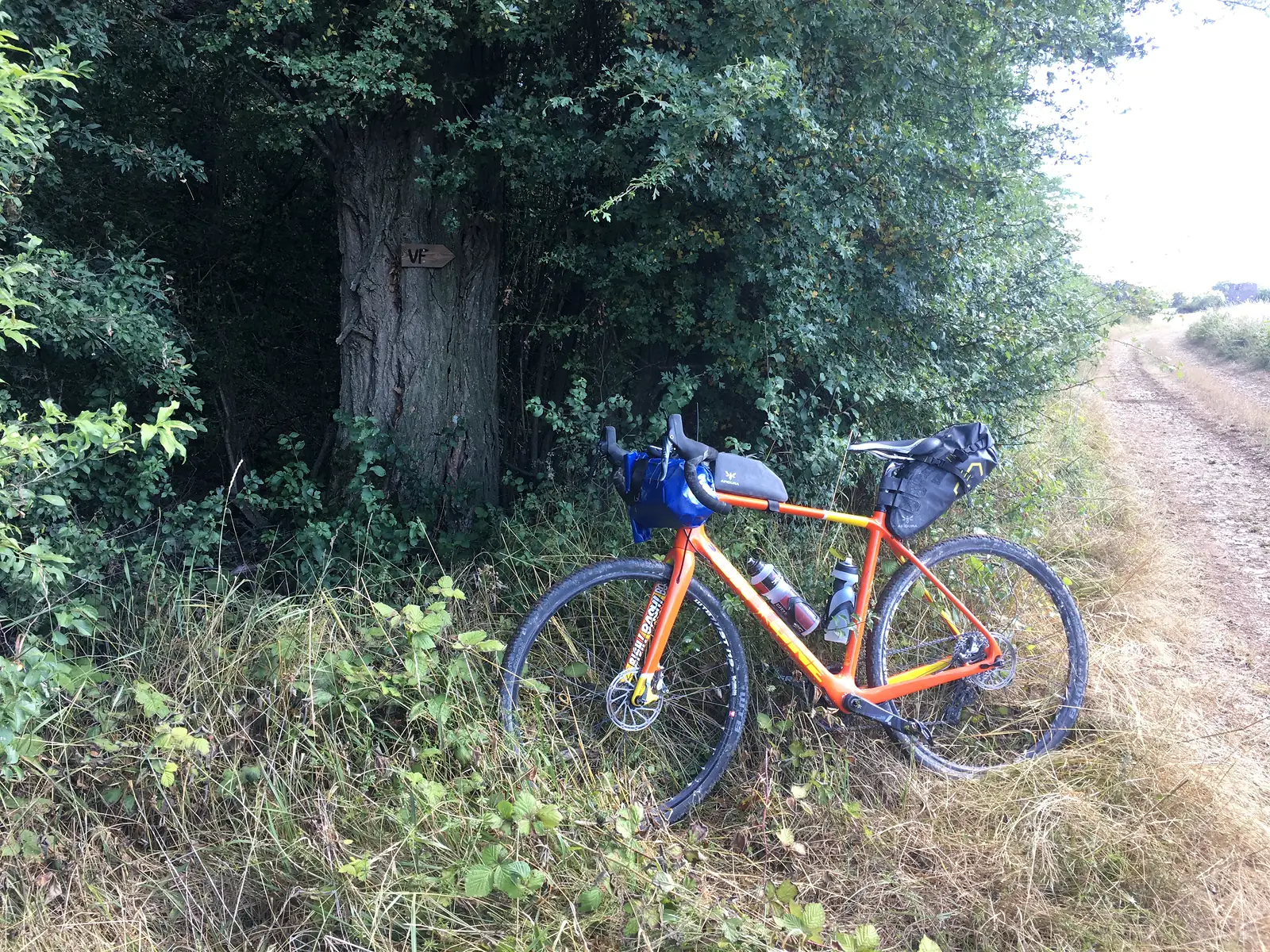 A loaded orange gravel bike leans against a tree marked with a hand-carved wooden arrow reading 'VF', beside a dirt track through hedgerow.
