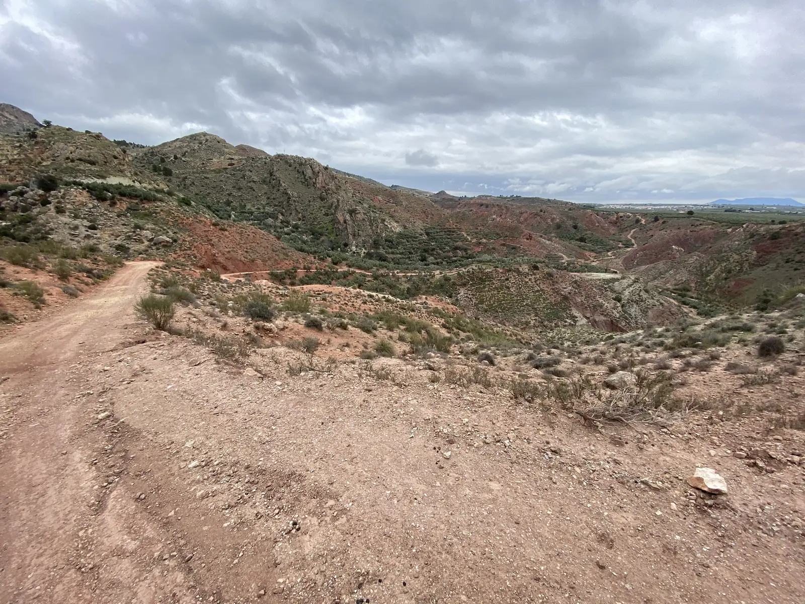 A dirt track curving along a red-earth hillside above a valley of olive groves and eroded gullies, with a plain in the distance.