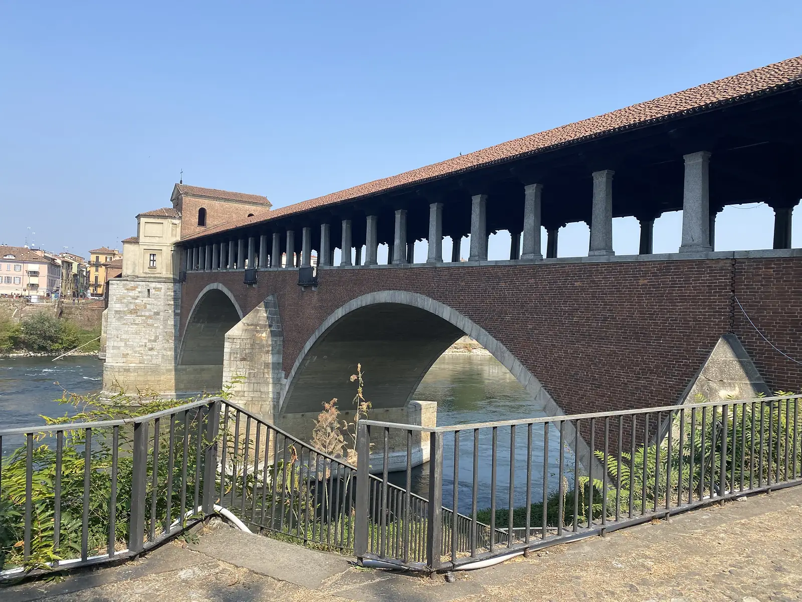 The brick arches and colonnaded timber roof of Pavia's Ponte Coperto rise above the river, seen from a railed viewpoint on the bank.