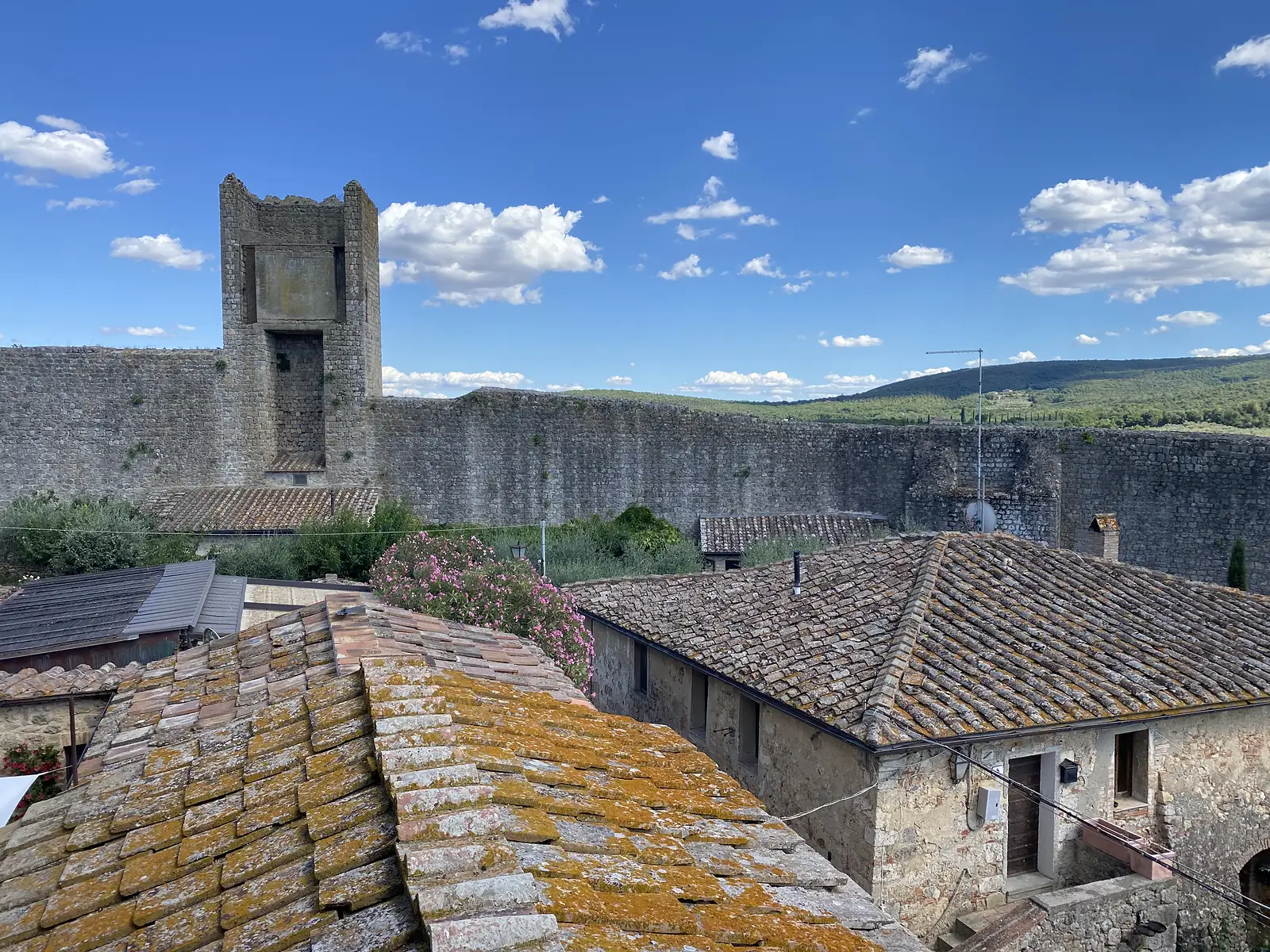 Lichen-covered terracotta roofs lead the eye to a fortified stone town wall and watchtower, with wooded hills beyond.