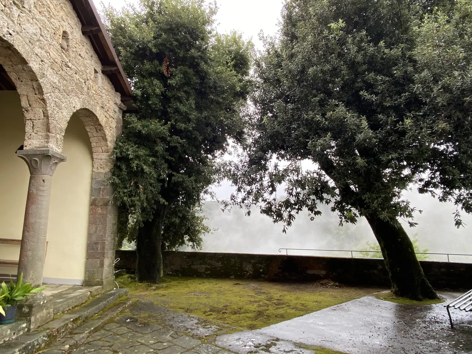 A stone loggia with an arched colonnade stands beside gnarled holm oaks on a walled terrace, mist rising from the valley beyond.