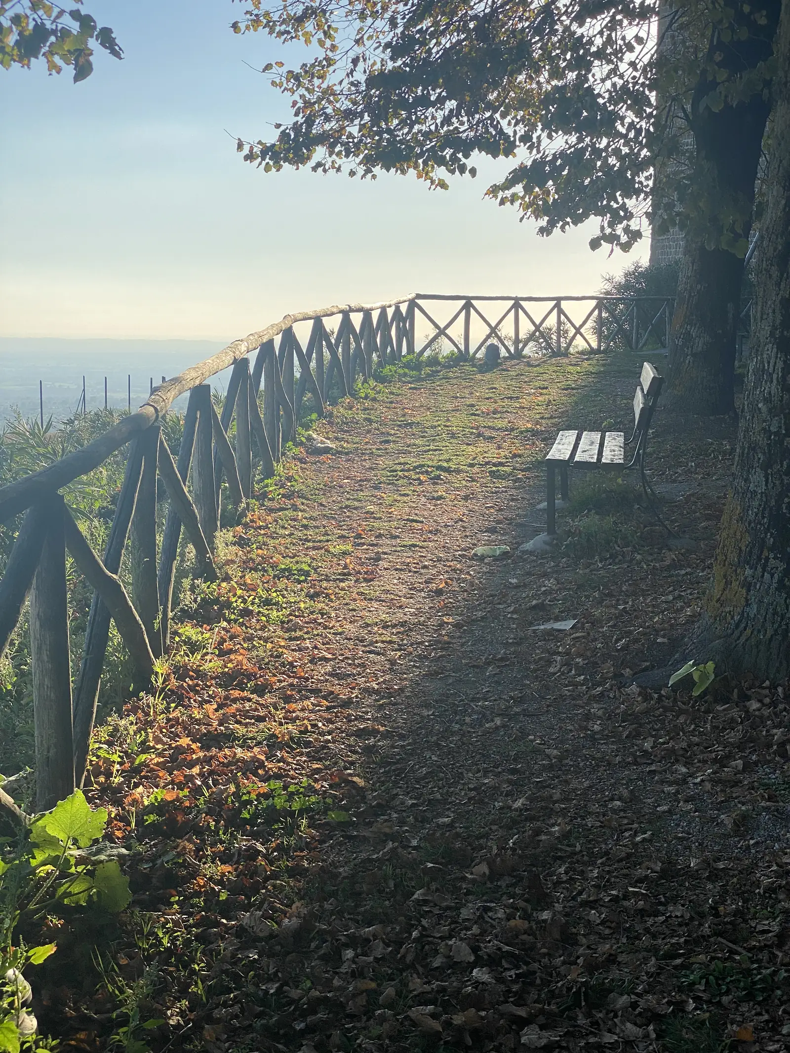 A rustic crisscross wooden fence lines a track through leafy, sun-hazed hillside with a signpost standing nearby.