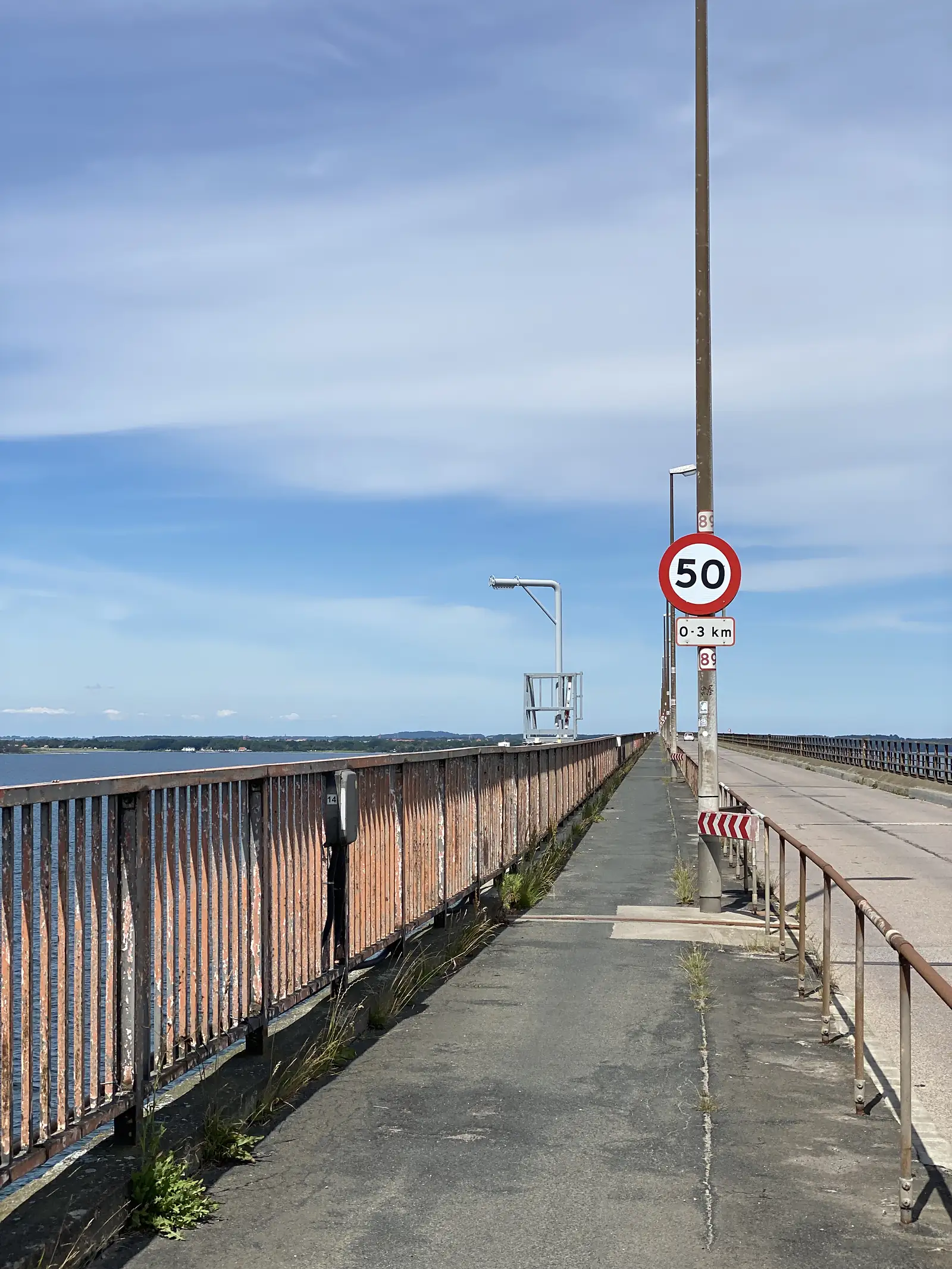 A weed-grown cycle path running along a long causeway bridge beside a rusted railing, with a "50" speed limit sign.