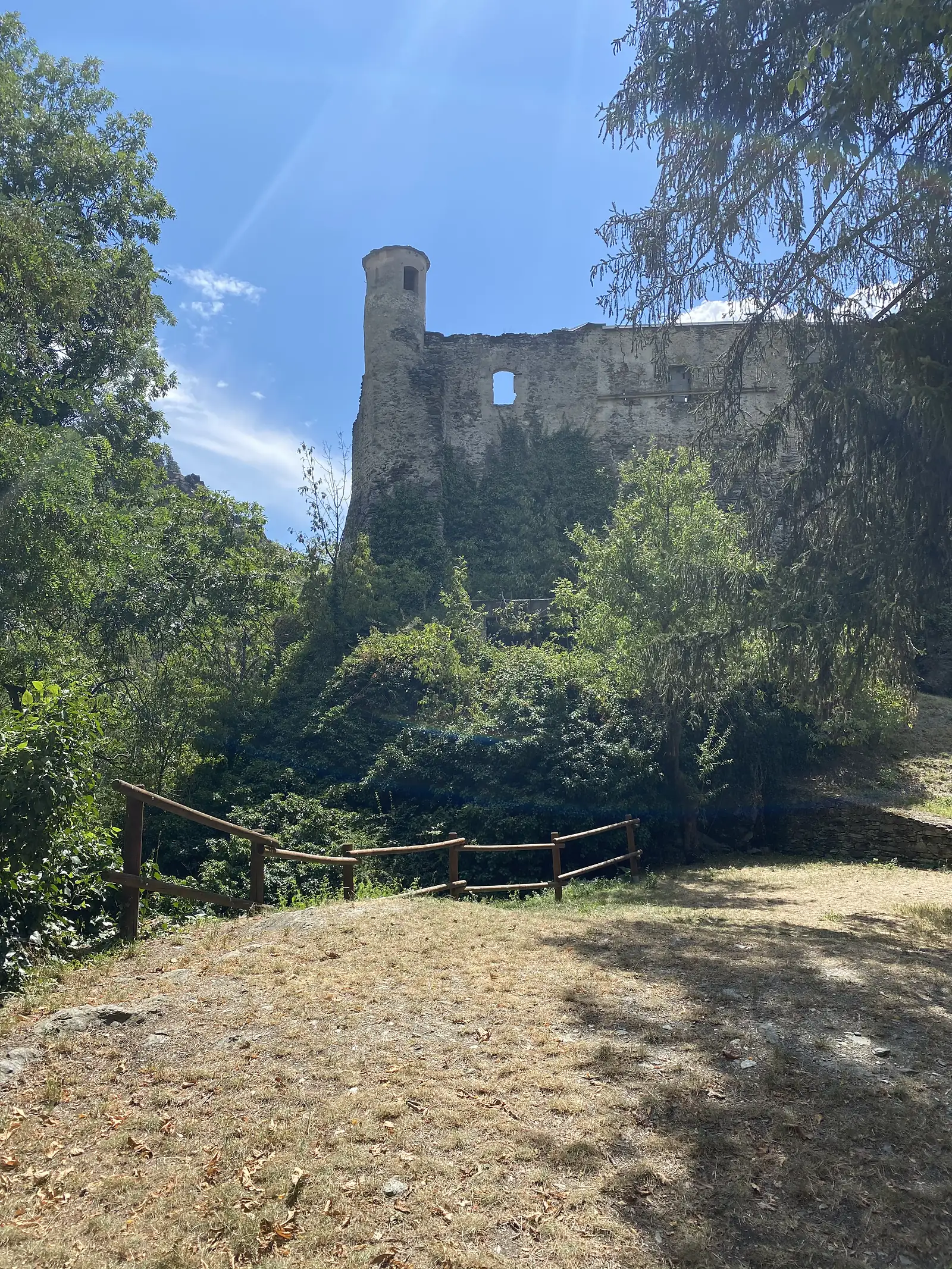 A ruined stone castle tower with an arched window rises above dense trees, its round turret catching full sun against a clear sky.