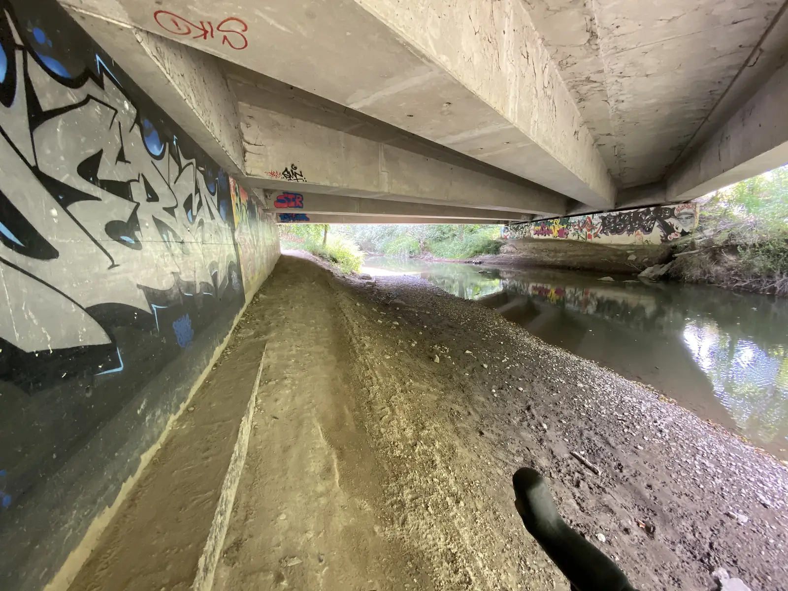 A graffiti-covered concrete underpass leading out to a shallow stream, with a bike's handlebar visible at the tunnel mouth.