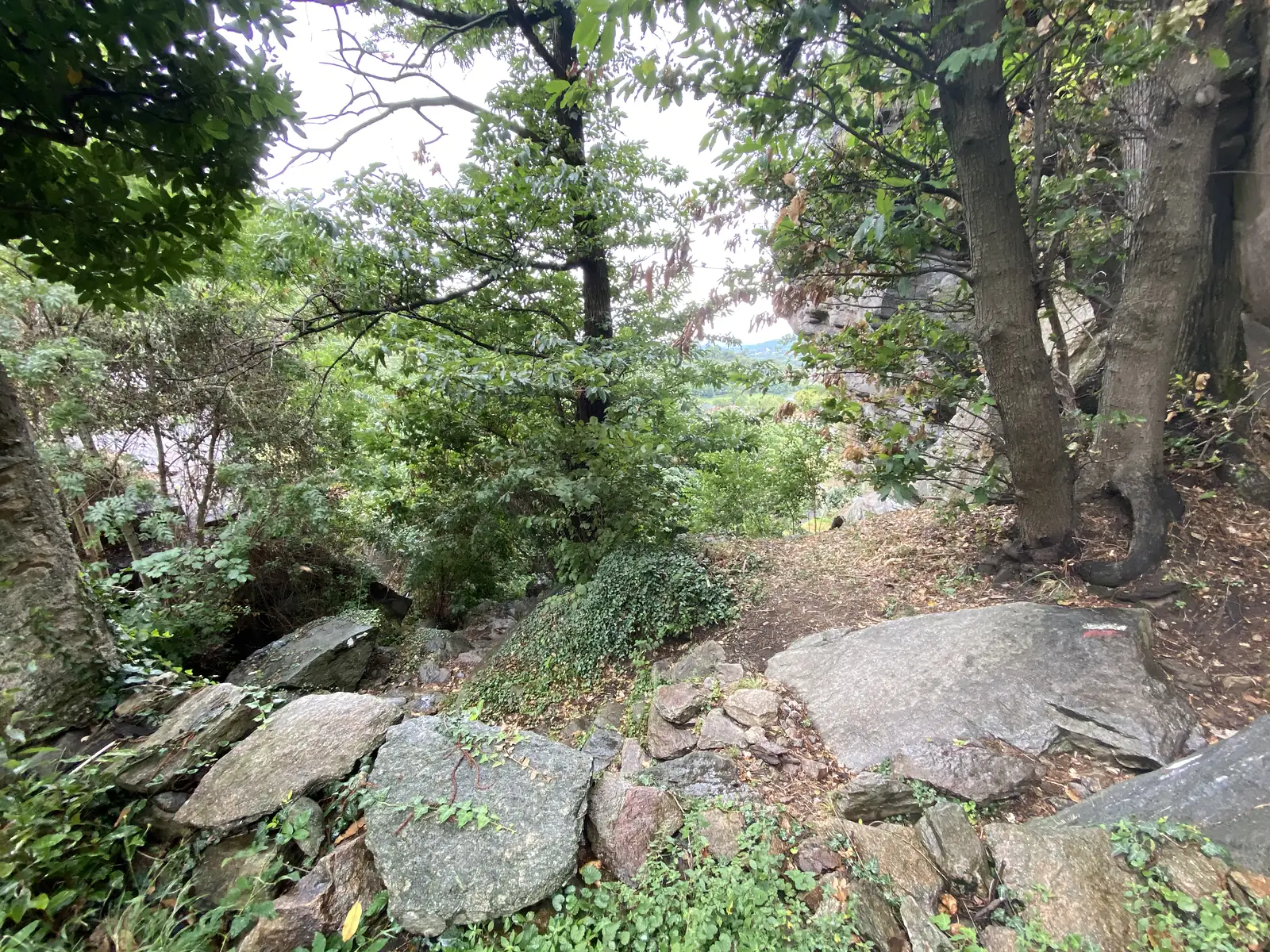 A woodland path winds past a rocky outcrop and a red-and-white trail marker painted on a boulder, with a valley glimpsed through the trees.