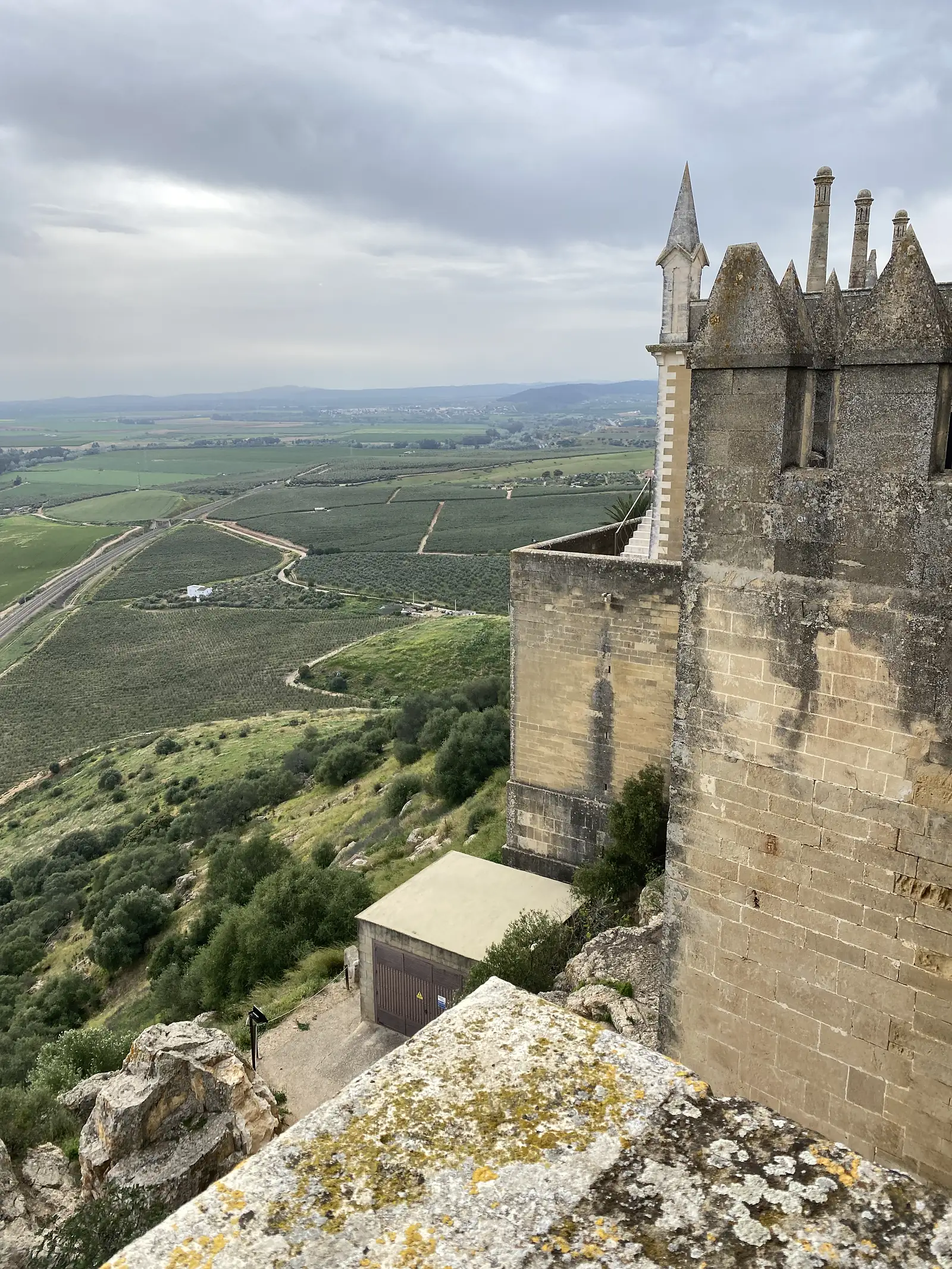 The crenellated corner of a castle tower with pointed turrets, looking out over green farmland and a road running to the horizon.