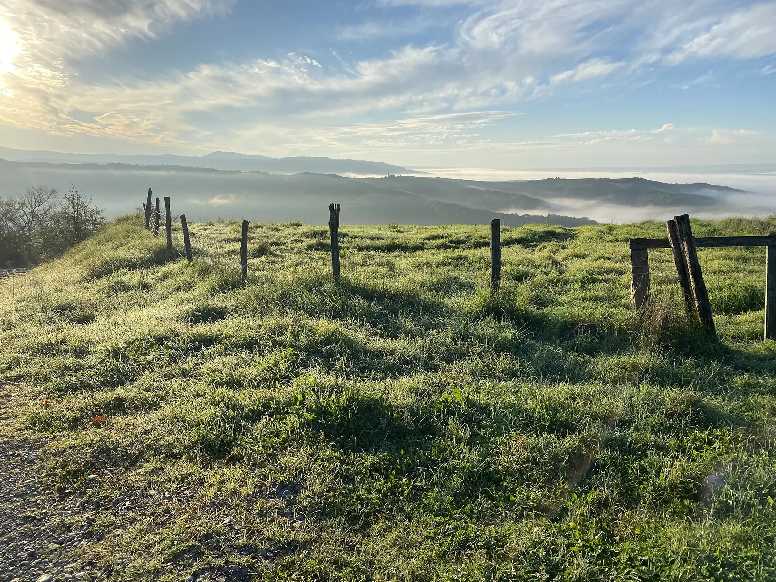 Dew-soaked grass and a wooden gatepost fence line along a hilltop, with a valley of cloud spreading between distant ridges.