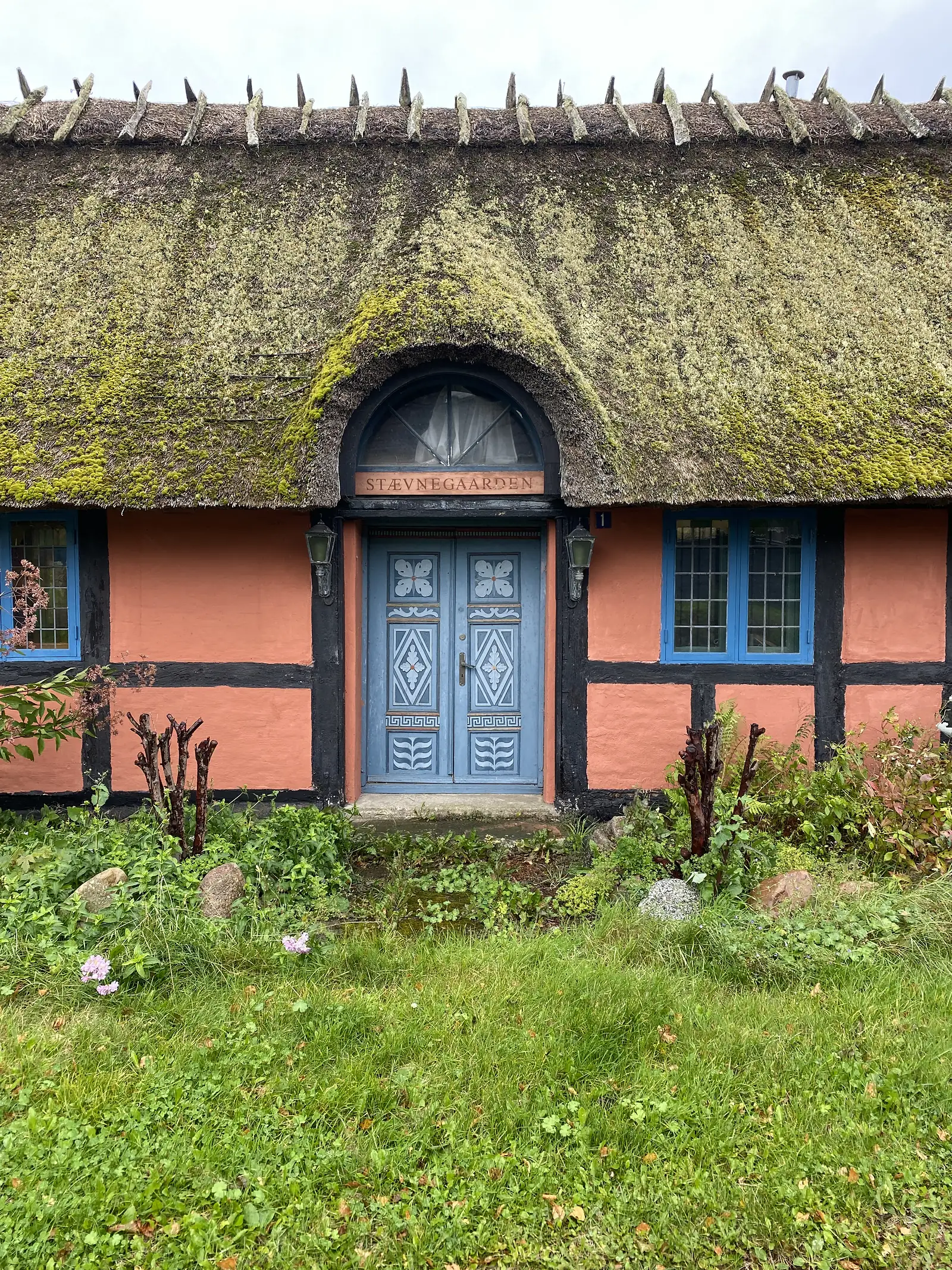 A thatched, moss-grown half-timbered cottage with salmon-pink walls and a blue door under a fanlight lettered "STÆVNEGAARDEN".