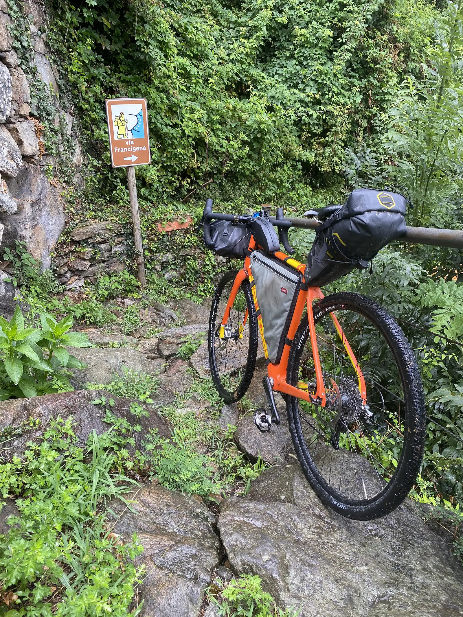 A brown Via Francigena waymark sign with a pilgrim symbol points right beside a loaded orange gravel bike on a rocky, ivy-fringed trail.