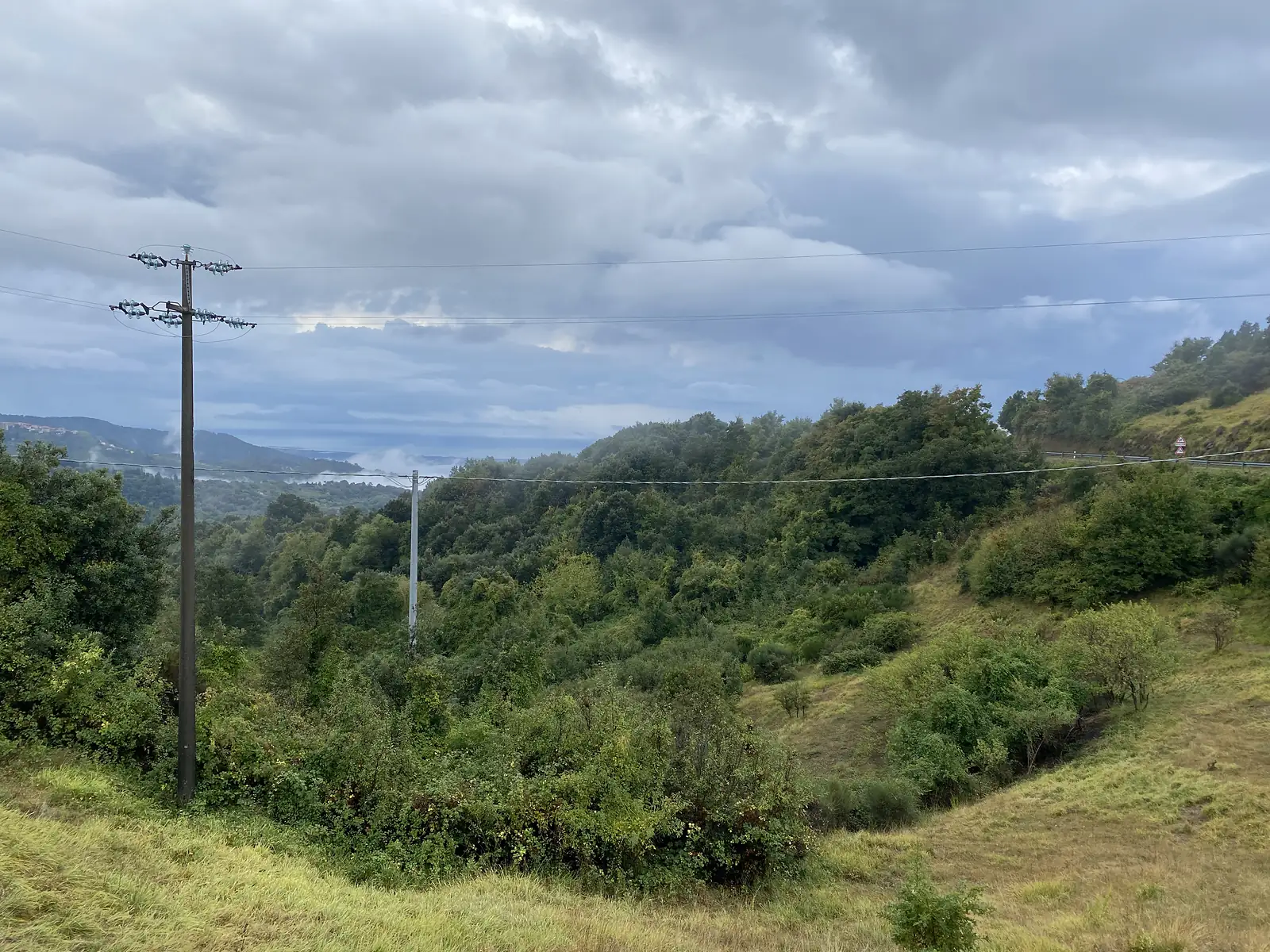 A wooded valley falls away towards a hazy coastline, seen past a wooden power pole and a hairpin road sign on a hillside track.
