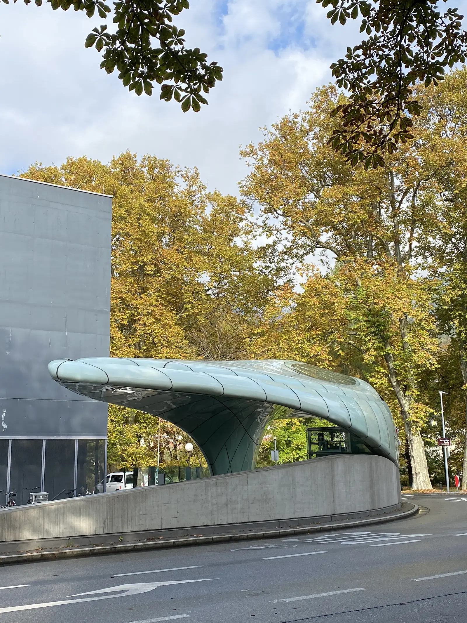 A sleek, wave-shaped glass and steel structure curves overhead among golden autumn trees beside a road.