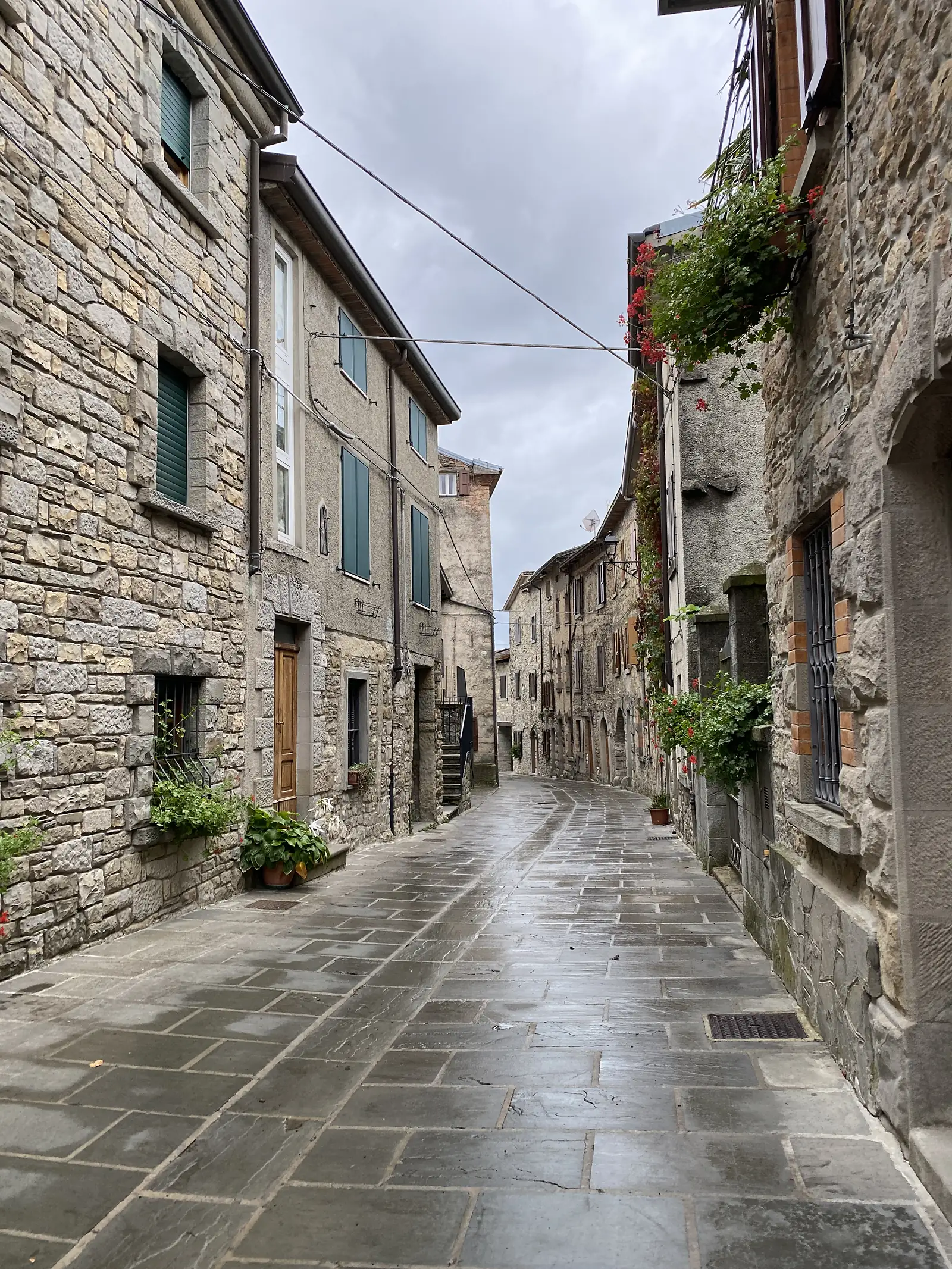 A narrow cobbled street lined with stone houses and shuttered windows is hung with baskets of red geraniums.