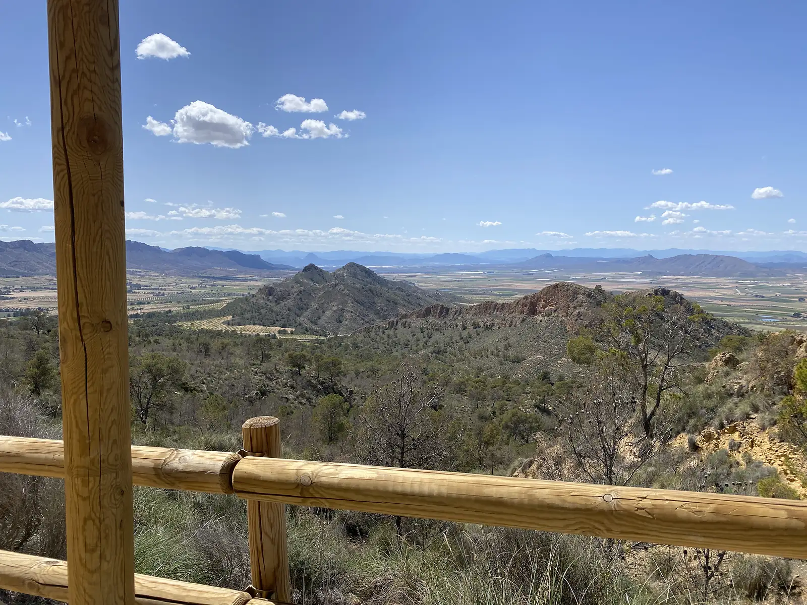 A wooden viewpoint rail looking out over pine-covered hills and a red rock outcrop to a wide farmed plain and distant ranges.