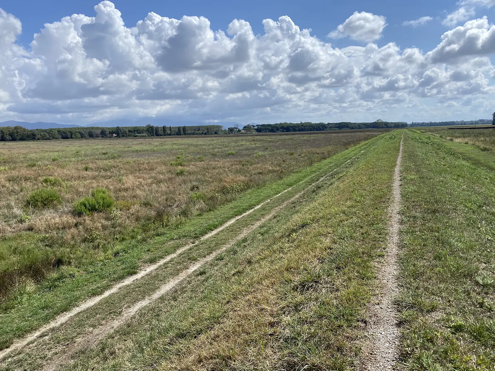A gravel embankment path beside farmland and a drainage channel, with wooded hills rising in the distance.