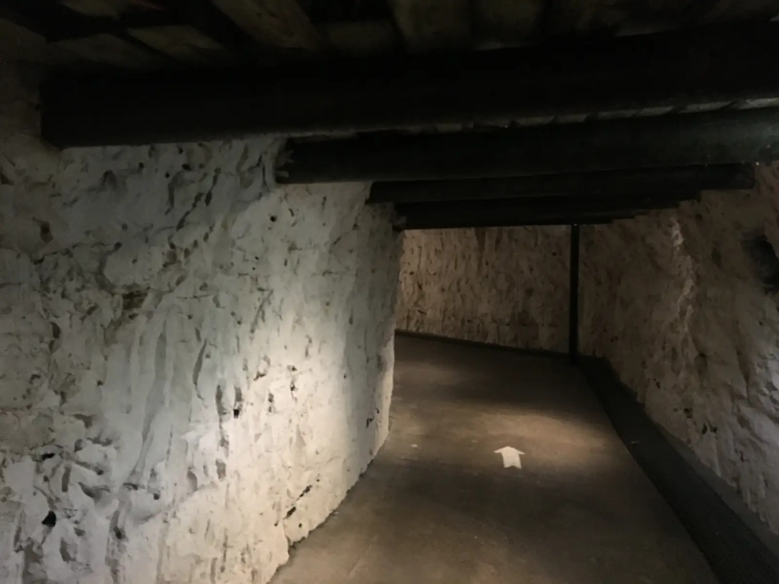 A bare chalk-walled tunnel curves ahead beneath dark wooden roof beams, a white arrow painted on the floor marking the route.