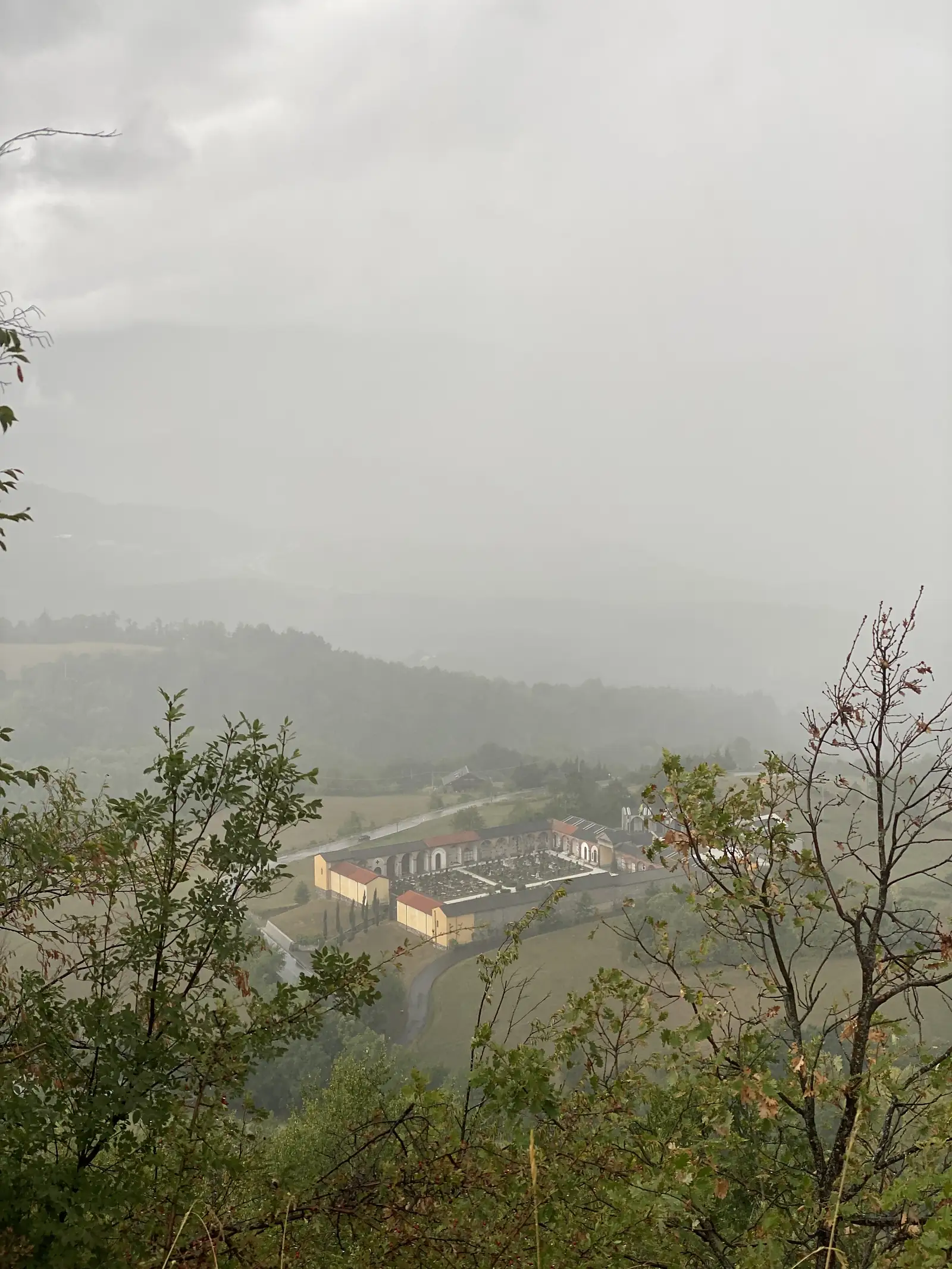 A hillside cemetery with rows of pale tombs and cypress trees is glimpsed through branches above a valley thick with haze.