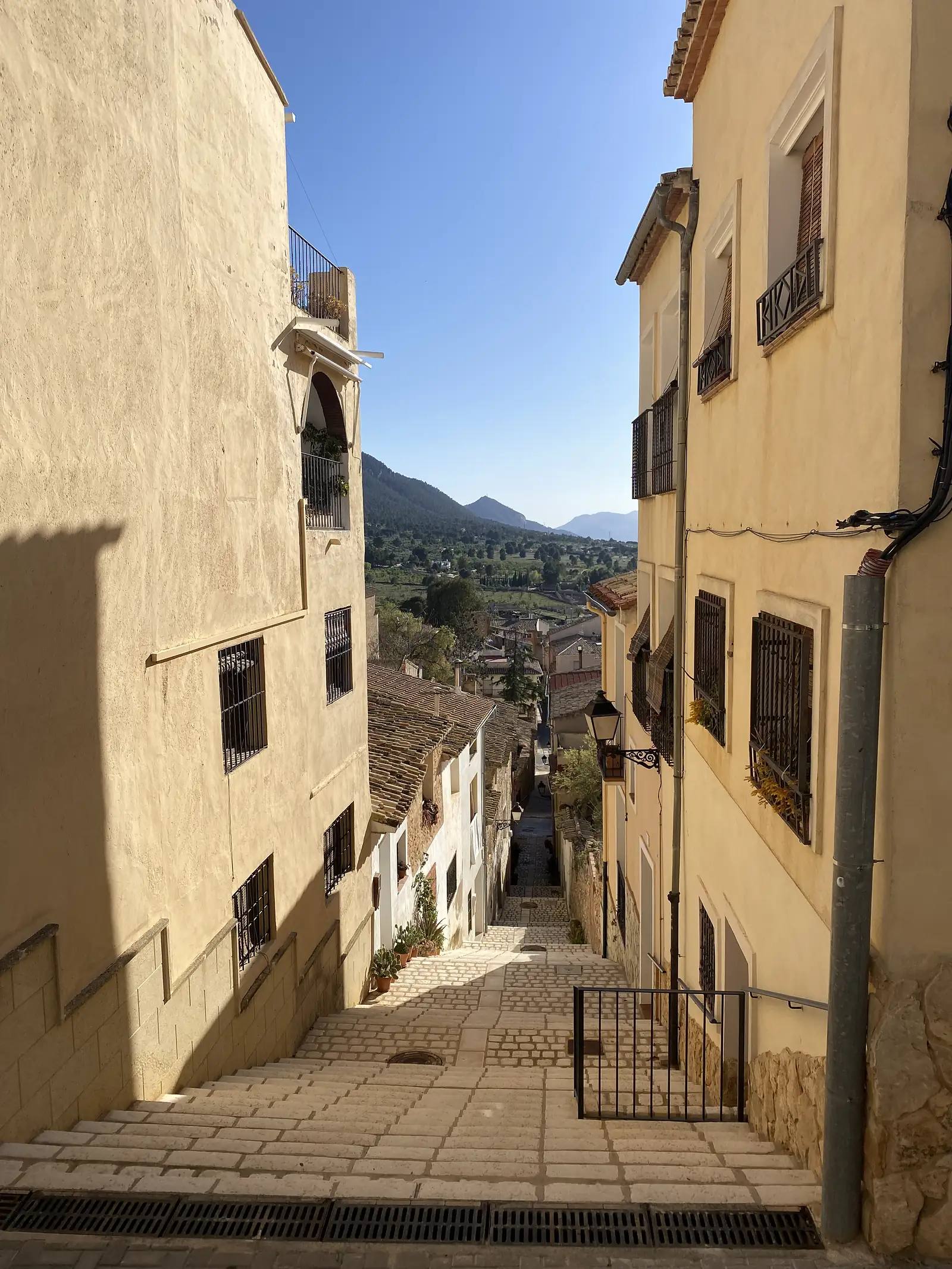 A stepped street dropping steeply between pale render houses with iron balconies towards rooftops and a mountain beyond.