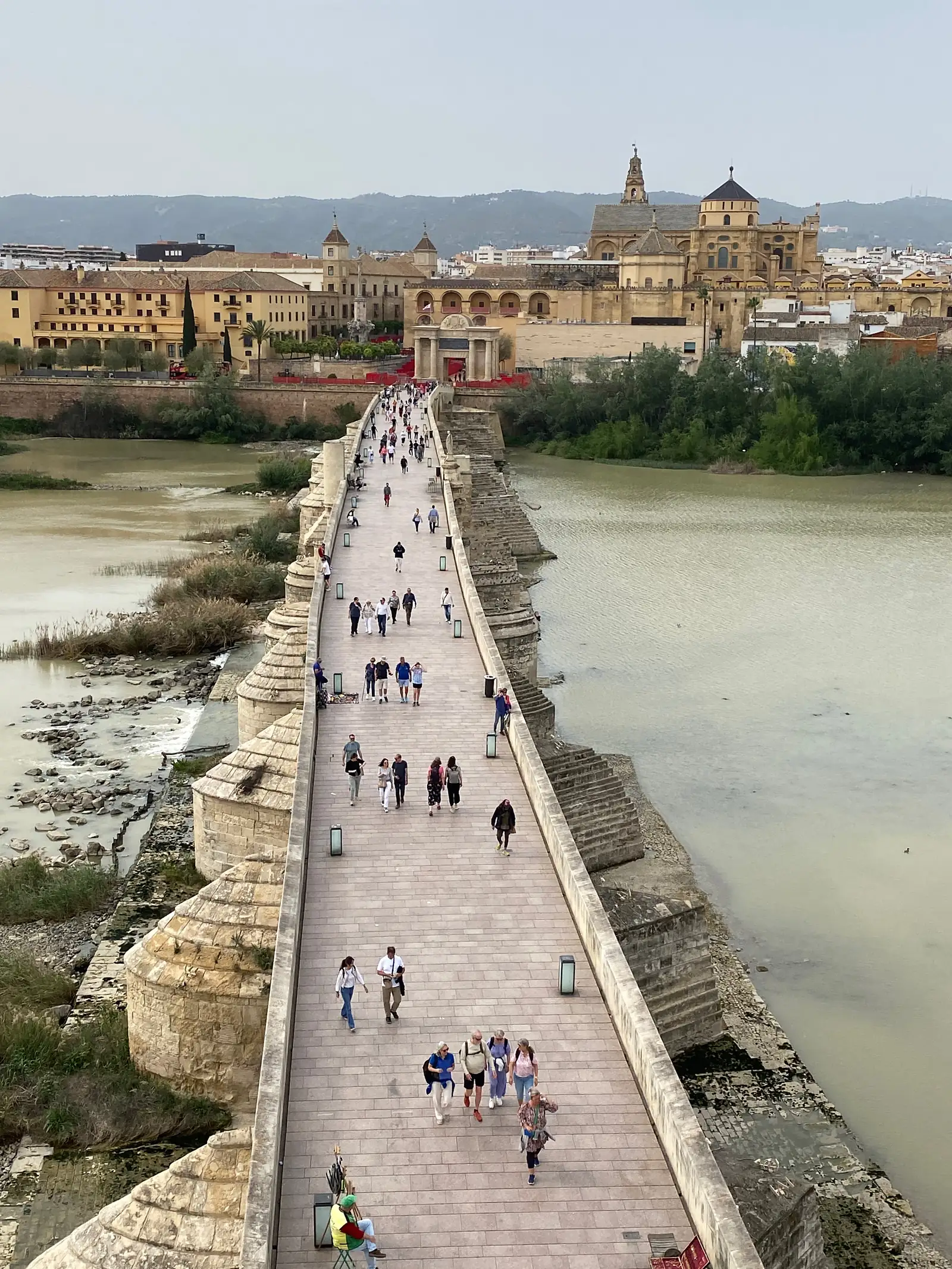 A long arched stone bridge busy with walkers crossing a wide river towards a city of ochre buildings crowned by a cathedral bell tower and dome.