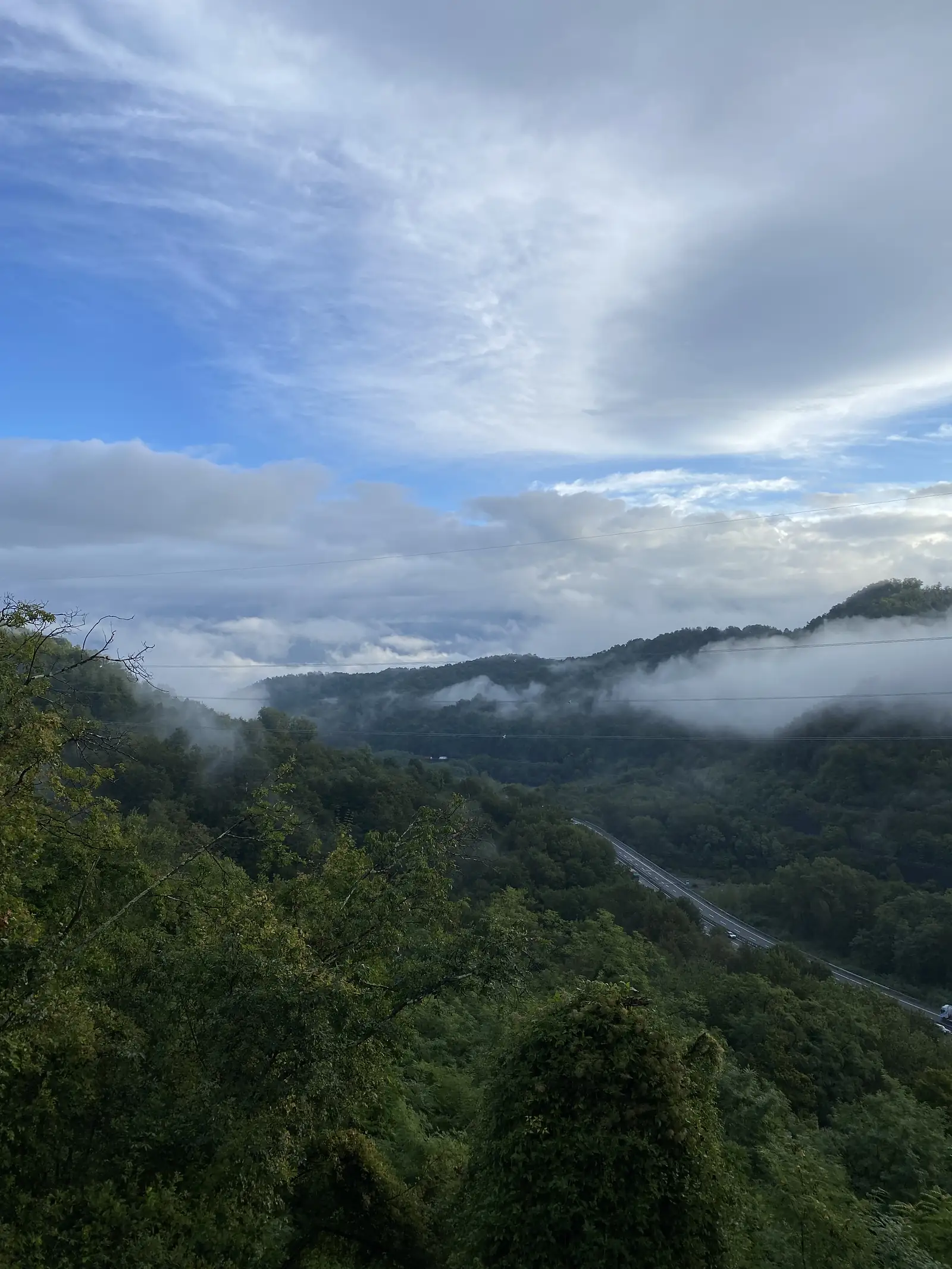 A wooded valley wrapped in low cloud, with a two-lane road cut into the hillside and pylon cables strung overhead.