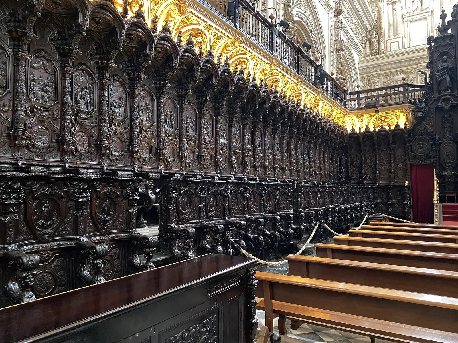 Rows of dark carved wooden choir stalls with relief panels, beneath a gilded organ gallery in a cathedral.