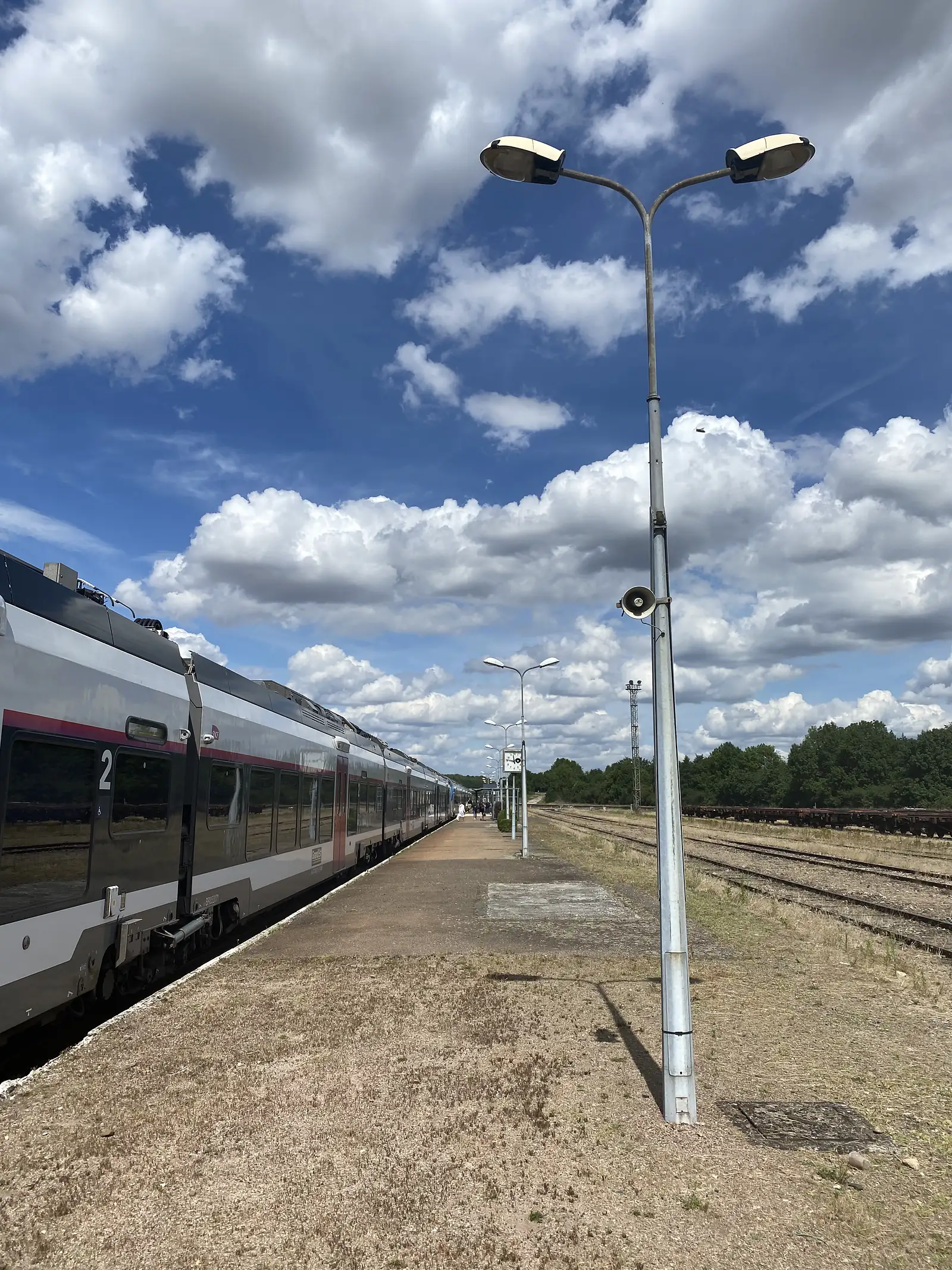 A double-decker regional train waits at a rural station platform under a big sky of white cumulus, a twin-headed lamppost with a speaker standing beside the tracks.