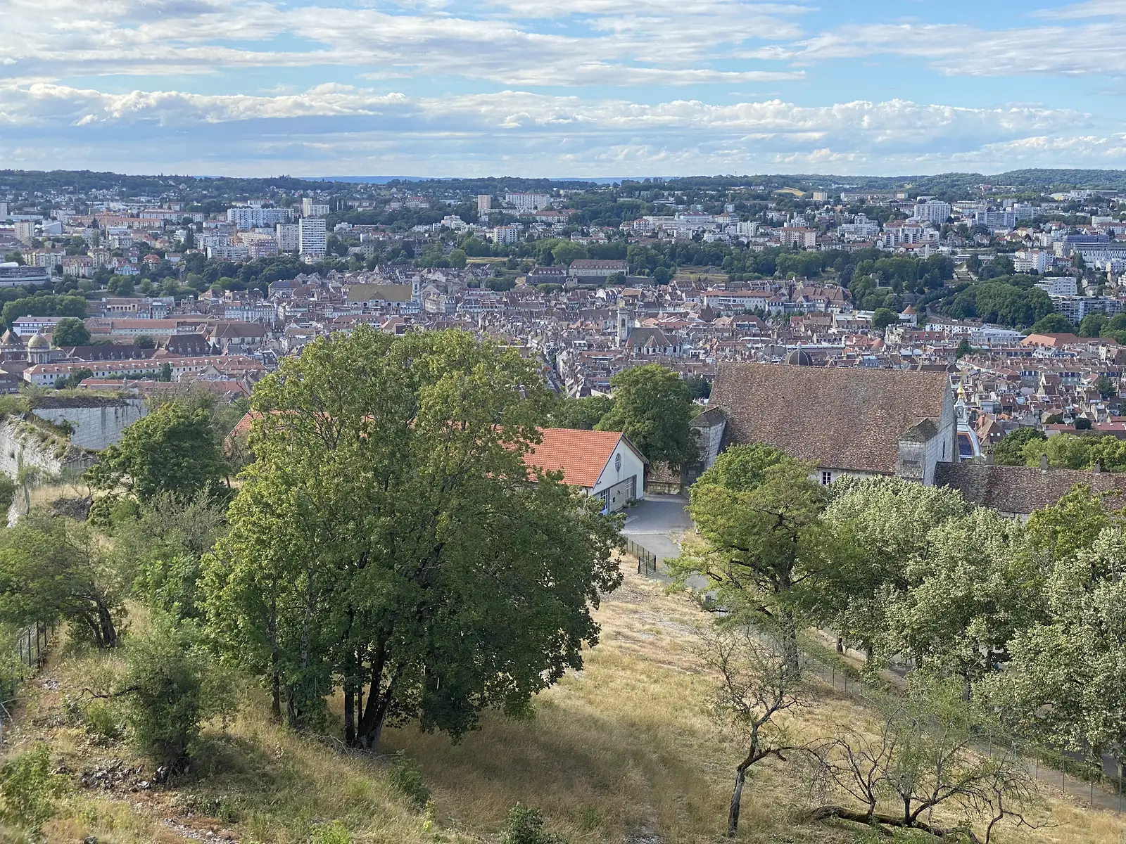 Rooftops of Besançon stretch into the distance beyond a leafy tree and the tiled roof of a citadel building.