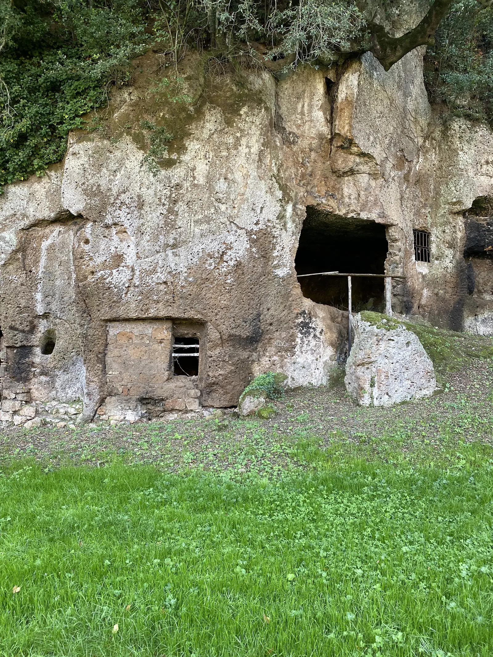 Rock-cut chambers with barred openings in a tufa cliff face, likely ancient Etruscan tombs, set beside a grassy path.