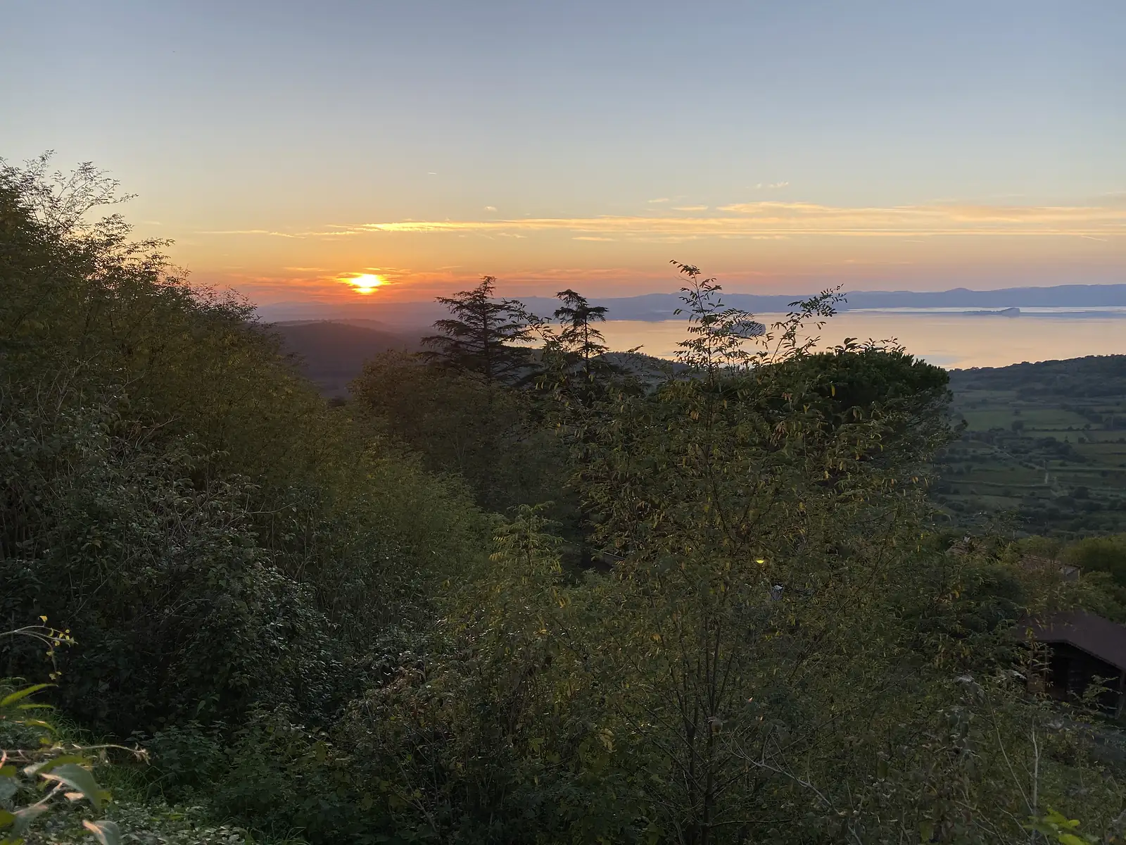 Sunset over a lake seen from a hillside, silhouetted trees and shrubs in the foreground with hills and a small island visible across the water.