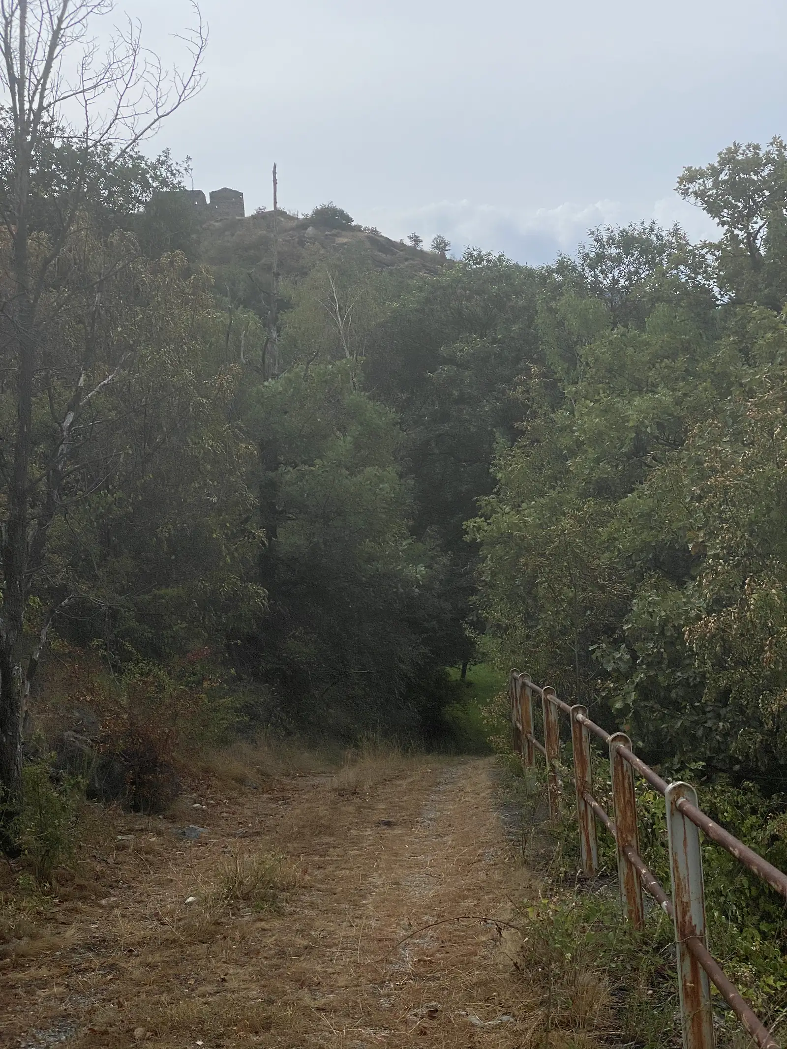 A dirt path bordered by a rusted metal railing leading through woodland towards the ruined stone remains of a hilltop tower.